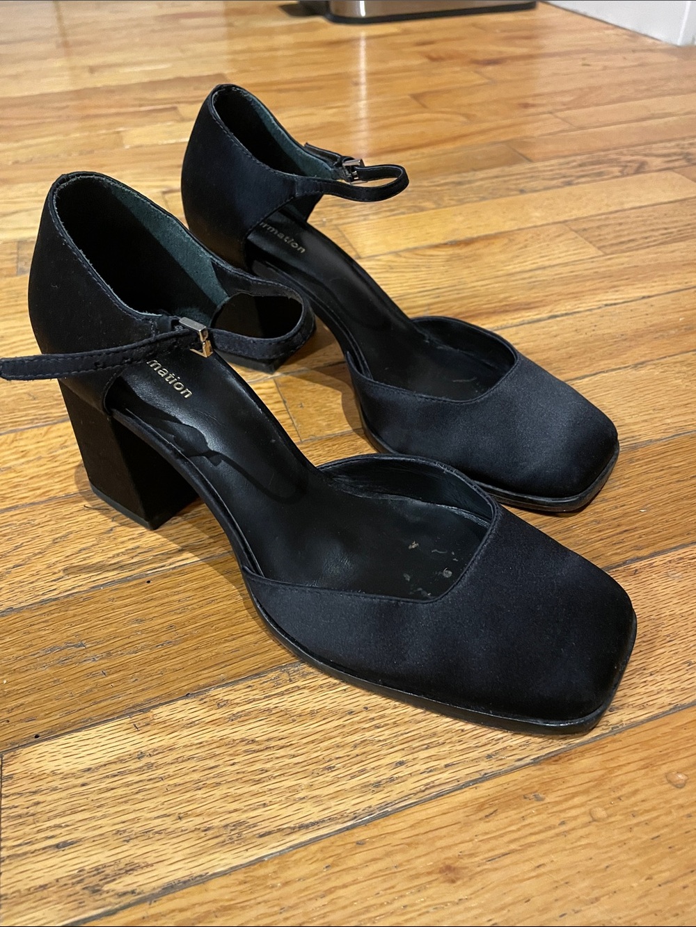 Reformation Satin Black Mary Jane Block Heels
